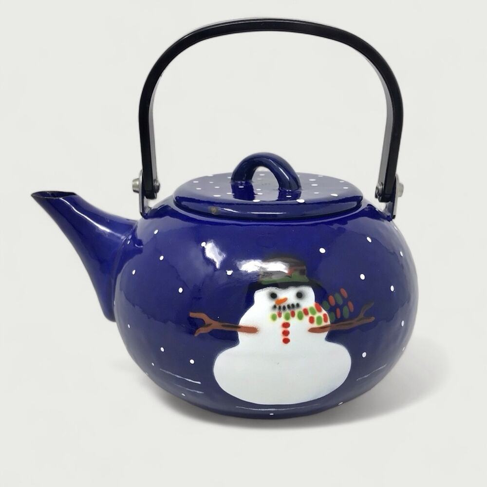 Golden Rabbit Enamelware Teapot Large 8" Snowman Christmas Large Glampware